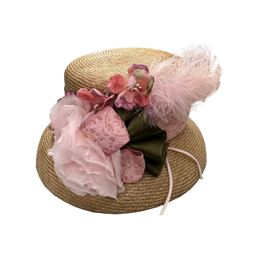 Fleur de Paris Derby Hat Straw Boater Pink Roses Feather 23in w/ Box